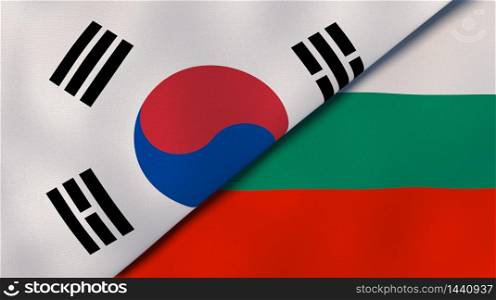 Two states flags of South Korea and Bulgaria. High quality business background. 3d illustration. The flags of South Korea and Bulgaria. News, reportage, business background. 3d illustration