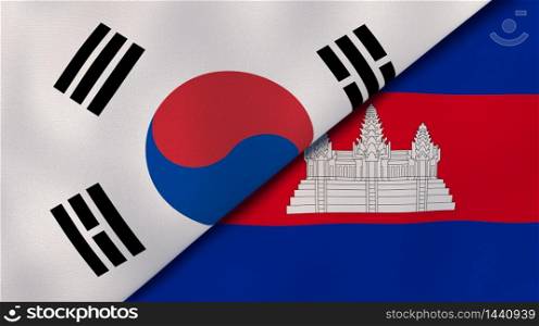 Two states flags of South Korea and Cambodia . High quality business background. 3d illustration. The flags of South Korea and Cambodia . News, reportage, business background. 3d illustration