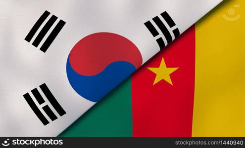 Two states flags of South Korea and Cameroon. High quality business background. 3d illustration. The flags of South Korea and Cameroon. News, reportage, business background. 3d illustration