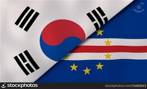 Two states flags of South Korea and Cape Verde. High quality business background. 3d illustration. The flags of South Korea and Cape Verde. News, reportage, business background. 3d illustration