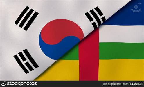 Two states flags of South Korea and Central African Republic. High quality business background. 3d illustration. The flags of South Korea and Central African Republic. News, reportage, business background. 3d illustration