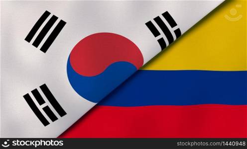 Two states flags of South Korea and Colombia. High quality business background. 3d illustration. The flags of South Korea and Colombia. News, reportage, business background. 3d illustration