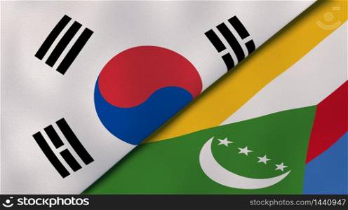 Two states flags of South Korea and Comoros. High quality business background. 3d illustration. The flags of South Korea and Comoros. News, reportage, business background. 3d illustration
