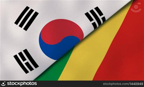 Two states flags of South Korea and Congo. High quality business background. 3d illustration. The flags of South Korea and Congo. News, reportage, business background. 3d illustration