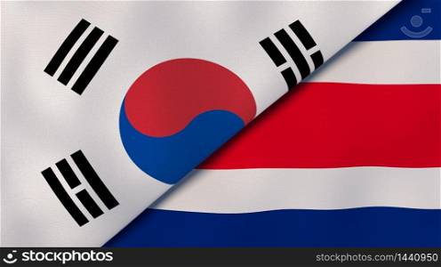 Two states flags of South Korea and Costa Rica. High quality business background. 3d illustration. The flags of South Korea and Costa Rica. News, reportage, business background. 3d illustration