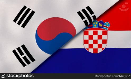 Two states flags of South Korea and Croatia. High quality business background. 3d illustration. The flags of South Korea and Croatia. News, reportage, business background. 3d illustration