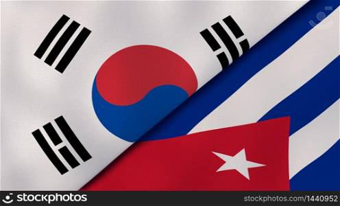 Two states flags of South Korea and Cuba. High quality business background. 3d illustration. The flags of South Korea and Cuba. News, reportage, business background. 3d illustration
