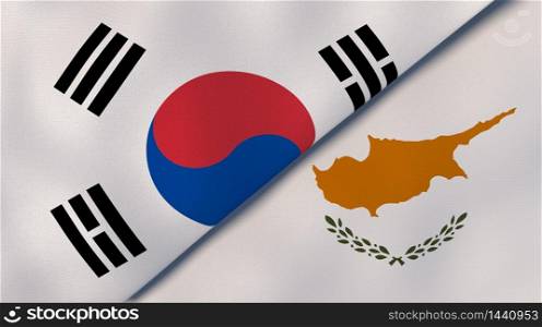 Two states flags of South Korea and Cyprus. High quality business background. 3d illustration. The flags of South Korea and Cyprus. News, reportage, business background. 3d illustration