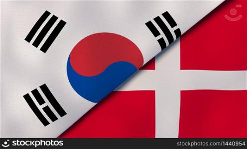 Two states flags of South Korea and Denmark. High quality business background. 3d illustration. The flags of South Korea and Denmark. News, reportage, business background. 3d illustration