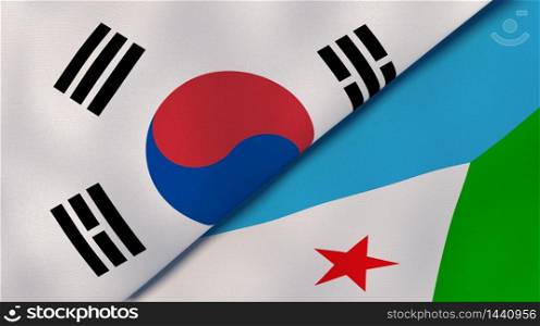 Two states flags of South Korea and Djibouti. High quality business background. 3d illustration. The flags of South Korea and Djibouti. News, reportage, business background. 3d illustration
