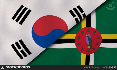 Two states flags of South Korea and Dominica. High quality business background. 3d illustration. The flags of South Korea and Dominica. News, reportage, business background. 3d illustration