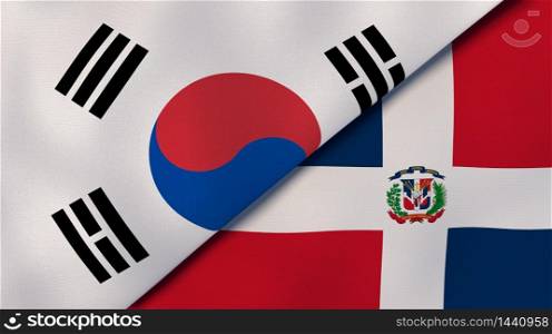Two states flags of South Korea and Dominican Republic. High quality business background. 3d illustration. The flags of South Korea and Dominican Republic. News, reportage, business background. 3d illustration