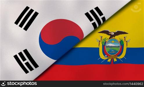 Two states flags of South Korea and Ecuador. High quality business background. 3d illustration. The flags of South Korea and Ecuador. News, reportage, business background. 3d illustration
