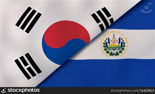 Two states flags of South Korea and El Salvador. High quality business background. 3d illustration. The flags of South Korea and El Salvador. News, reportage, business background. 3d illustration