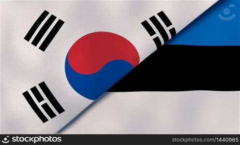Two states flags of South Korea and Estonia. High quality business background. 3d illustration. The flags of South Korea and Estonia. News, reportage, business background. 3d illustration