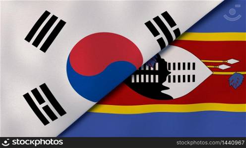 Two states flags of South Korea and Eswatini. High quality business background. 3d illustration. The flags of South Korea and Eswatini. News, reportage, business background. 3d illustration