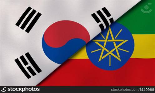 Two states flags of South Korea and Ethiopia. High quality business background. 3d illustration. The flags of South Korea and Ethiopia. News, reportage, business background. 3d illustration