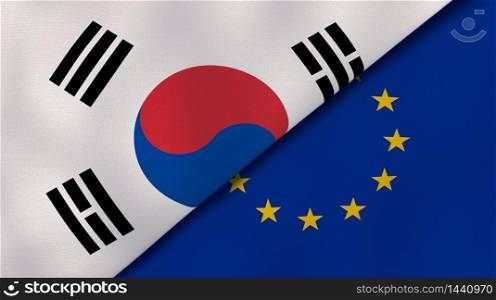 Two states flags of South Korea and European Union. High quality business background. 3d illustration. The flags of South Korea and European Union. News, reportage, business background. 3d illustration