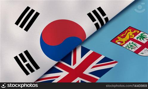Two states flags of South Korea and Fiji. High quality business background. 3d illustration. The flags of South Korea and Fiji. News, reportage, business background. 3d illustration