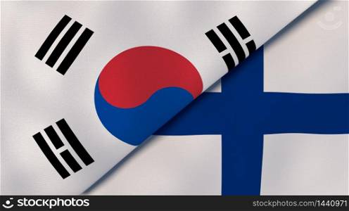 Two states flags of South Korea and Finland. High quality business background. 3d illustration. The flags of South Korea and Finland. News, reportage, business background. 3d illustration