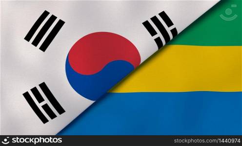 Two states flags of South Korea and Gabon. High quality business background. 3d illustration. The flags of South Korea and Gabon. News, reportage, business background. 3d illustration
