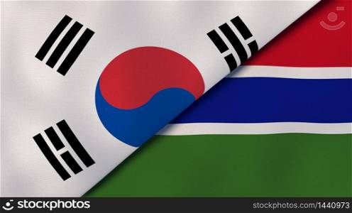 Two states flags of South Korea and Gambia. High quality business background. 3d illustration. The flags of South Korea and Gambia. News, reportage, business background. 3d illustration