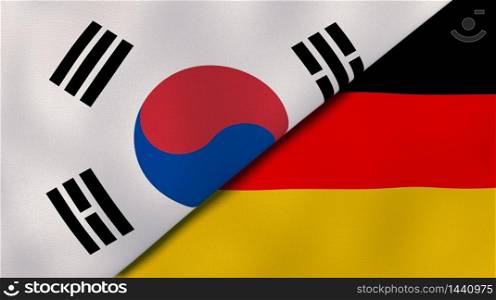 Two states flags of South Korea and Germany. High quality business background. 3d illustration. The flags of South Korea and Germany. News, reportage, business background. 3d illustration