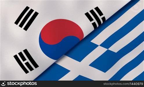 Two states flags of South Korea and Greece. High quality business background. 3d illustration. The flags of South Korea and Greece. News, reportage, business background. 3d illustration