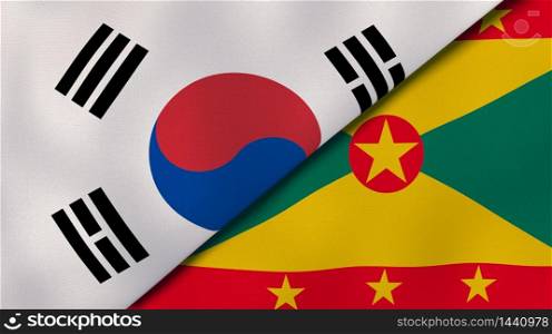 Two states flags of South Korea and Grenada. High quality business background. 3d illustration. The flags of South Korea and Grenada. News, reportage, business background. 3d illustration