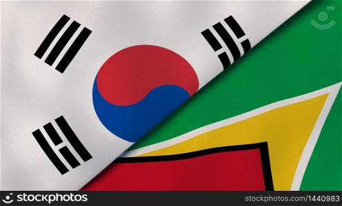 Two states flags of South Korea and Guyana. High quality business background. 3d illustration. The flags of South Korea and Guyana. News, reportage, business background. 3d illustration
