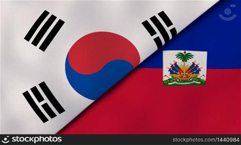 Two states flags of South Korea and Haiti. High quality business background. 3d illustration. The flags of South Korea and Haiti. News, reportage, business background. 3d illustration