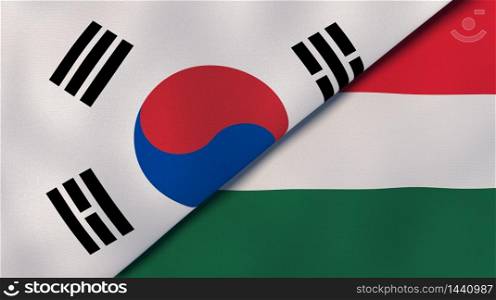 Two states flags of South Korea and Hungary. High quality business background. 3d illustration. The flags of South Korea and Hungary. News, reportage, business background. 3d illustration