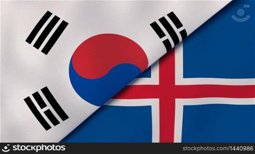 Two states flags of South Korea and Iceland. High quality business background. 3d illustration. The flags of South Korea and Iceland. News, reportage, business background. 3d illustration