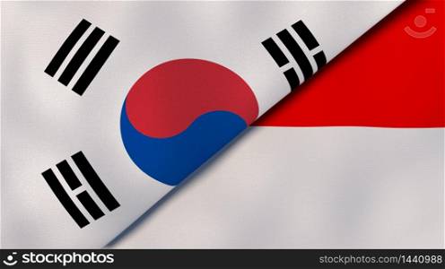 Two states flags of South Korea and Indonesia. High quality business background. 3d illustration. The flags of South Korea and Indonesia. News, reportage, business background. 3d illustration