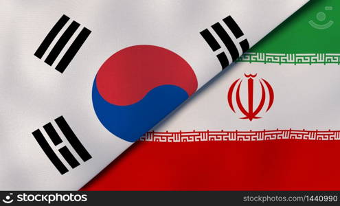 Two states flags of South Korea and Iran. High quality business background. 3d illustration. The flags of South Korea and Iran. News, reportage, business background. 3d illustration