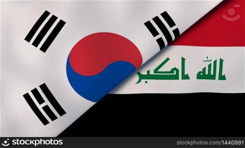 Two states flags of South Korea and Iraq. High quality business background. 3d illustration. The flags of South Korea and Iraq. News, reportage, business background. 3d illustration