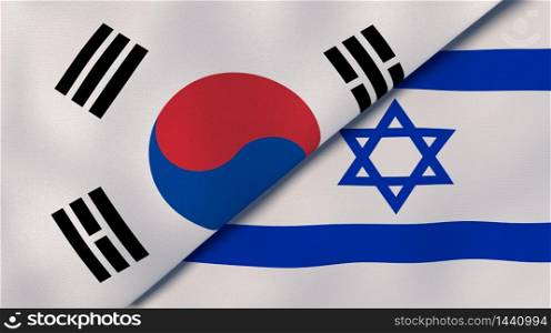 Two states flags of South Korea and Israel. High quality business background. 3d illustration. The flags of South Korea and Israel. News, reportage, business background. 3d illustration