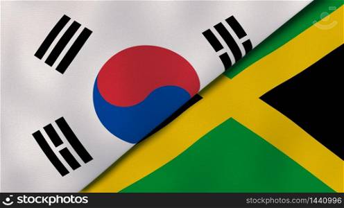 Two states flags of South Korea and Jamaica. High quality business background. 3d illustration. The flags of South Korea and Jamaica. News, reportage, business background. 3d illustration