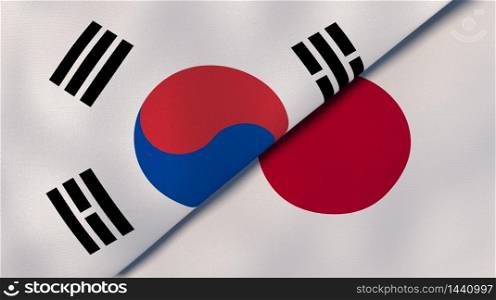 Two states flags of South Korea and Japan. High quality business background. 3d illustration. The flags of South Korea and Japan. News, reportage, business background. 3d illustration