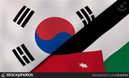 Two states flags of South Korea and Jordan. High quality business background. 3d illustration. The flags of South Korea and Jordan. News, reportage, business background. 3d illustration