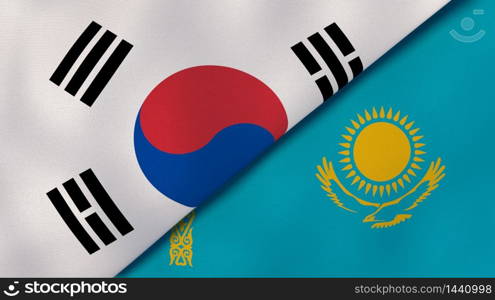 Two states flags of South Korea and Kazakhstan. High quality business background. 3d illustration. The flags of South Korea and Kazakhstan. News, reportage, business background. 3d illustration