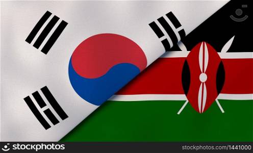 Two states flags of South Korea and Kenya. High quality business background. 3d illustration. The flags of South Korea and Kenya. News, reportage, business background. 3d illustration