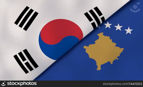 Two states flags of South Korea and Kosovo. High quality business background. 3d illustration. The flags of South Korea and Kosovo. News, reportage, business background. 3d illustration