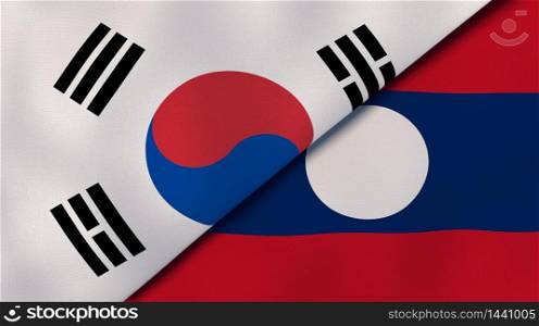 Two states flags of South Korea and Laos. High quality business background. 3d illustration. The flags of South Korea and Laos. News, reportage, business background. 3d illustration