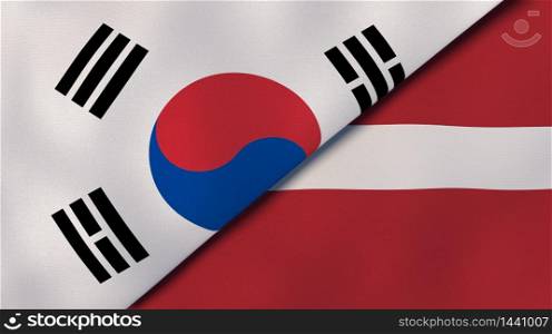 Two states flags of South Korea and Latvia. High quality business background. 3d illustration. The flags of South Korea and Latvia. News, reportage, business background. 3d illustration