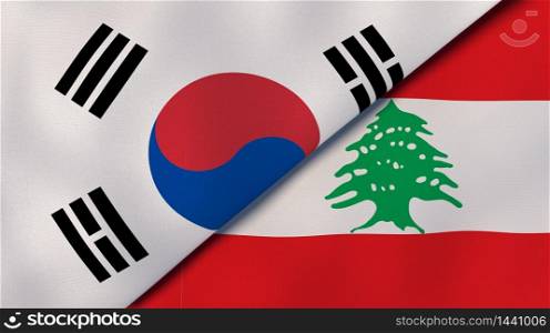 Two states flags of South Korea and Lebanon. High quality business background. 3d illustration. The flags of South Korea and Lebanon. News, reportage, business background. 3d illustration