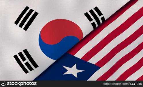 Two states flags of South Korea and Liberia. High quality business background. 3d illustration. The flags of South Korea and Liberia. News, reportage, business background. 3d illustration