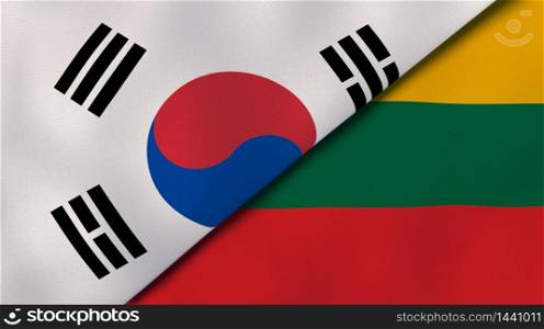 Two states flags of South Korea and Lithuania. High quality business background. 3d illustration. The flags of South Korea and Lithuania. News, reportage, business background. 3d illustration
