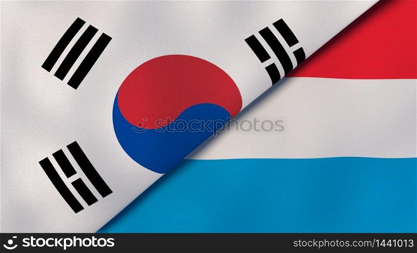 Two states flags of South Korea and Luxembourg. High quality business background. 3d illustration. The flags of South Korea and Luxembourg. News, reportage, business background. 3d illustration