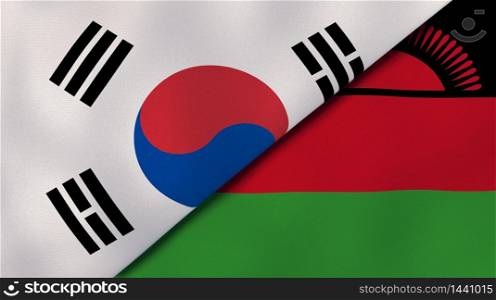 Two states flags of South Korea and Malawi. High quality business background. 3d illustration. The flags of South Korea and Malawi. News, reportage, business background. 3d illustration